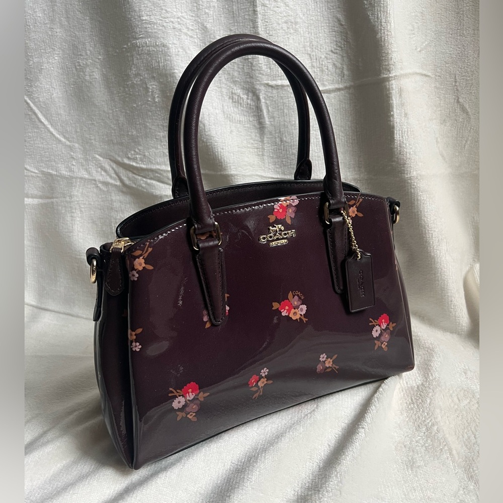 Coach Sage Carryall Tote with Baby Bouquet print on Oxblood Dark Red Background